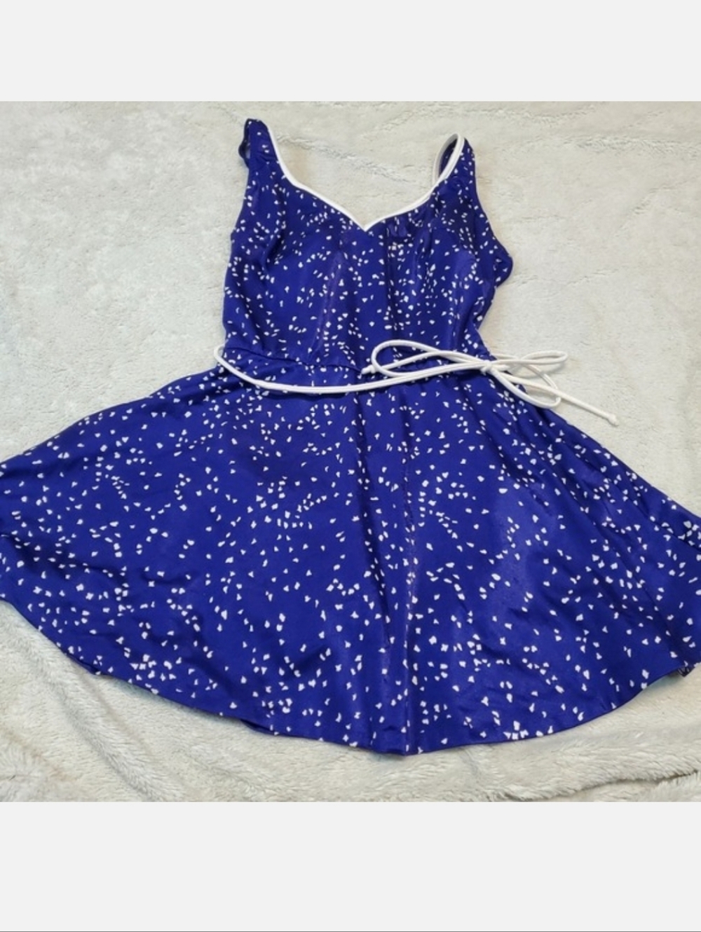 Vintage Rose Marie Reid Blue White Tie Skirt Swim Swimwear One Piece Swimsuit 14